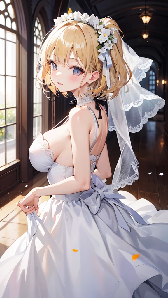 masterpiece、Highest quality、blonde、Shortcuts、White flower corsage、blush、20-year-old female、Big Breasts、((turn around))、Place one hand on a sword、(White Wedding Dress)、White flower scenery inside the castle、(short white frilly skirt)、Like a bride、detailed、One person、smile、The face is Zeta、don't wear armor、Gold embroidery on clothing、Natural Hands、White skin、Accentuate your butt、8K、Two arms、Do not show underwear、I can see your thighs、