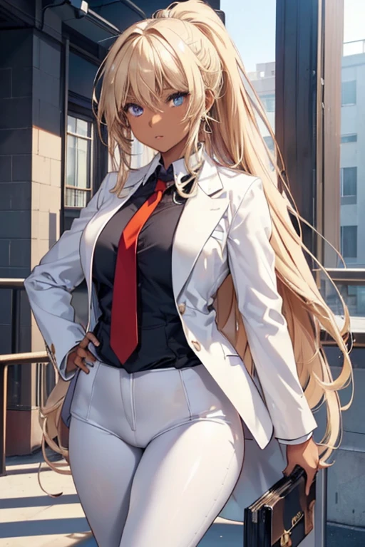 #Basics A girl is posing for a photo, animeのかわいい女の子, (((One Girl, Baby Face, Young girl, 16 years old))),
BREAK
#Clothing Accessories
(White suit : (Suit jacket) + Black blouse + Slim pencil skirt + (Red tie)), (Sheer black pantyhose + Black High Heels),
(Silver Necklace, silver earrings),
BREAK
#Features
((Blonde:1.4), (Chest-length sideburns + Curly hair), (ponytail : Very long hair + Curly Hair + Curled up + Plump and voluminous)),
(Droopy eyes,blue eyes), (Small breasts), (Tanned dark skin),
BREAK
#background environment
((noon, Sunshine + Office in a modern building)),
#Facial Expression Pose
(smug face, Confident and powerful pose with hands on hips, A commanding presence, Leaning forward),
#composition
((Face the camera, from below, Cowboy Shot)),
BREAK
#Body parts elements
(Symmetrical facial features, Beautiful face with attention to detail),
(Detailed hair, Beautiful Hair, Shiny Hair),
(double eyelid, Long eyelashes),
(Expression of fine eyes, Beautiful and delicate eyes, Sparkling eyes, Eye Reflexes),
(Human Ear),
(Beautiful Nose, Thin Nose),
(Glossy lips, Beautiful Lips, Thick lips),
(Detailed skin, Textured skin, Beautiful Skin),
BREAK
#Quality
(((Highest quality)), ((masterpiece)), ((Very detailed))), ((High resolution), (16K,1080P)),
(Realistic), (Anatomically correct),
((comics, anime)), (3DCG), CG illustration,