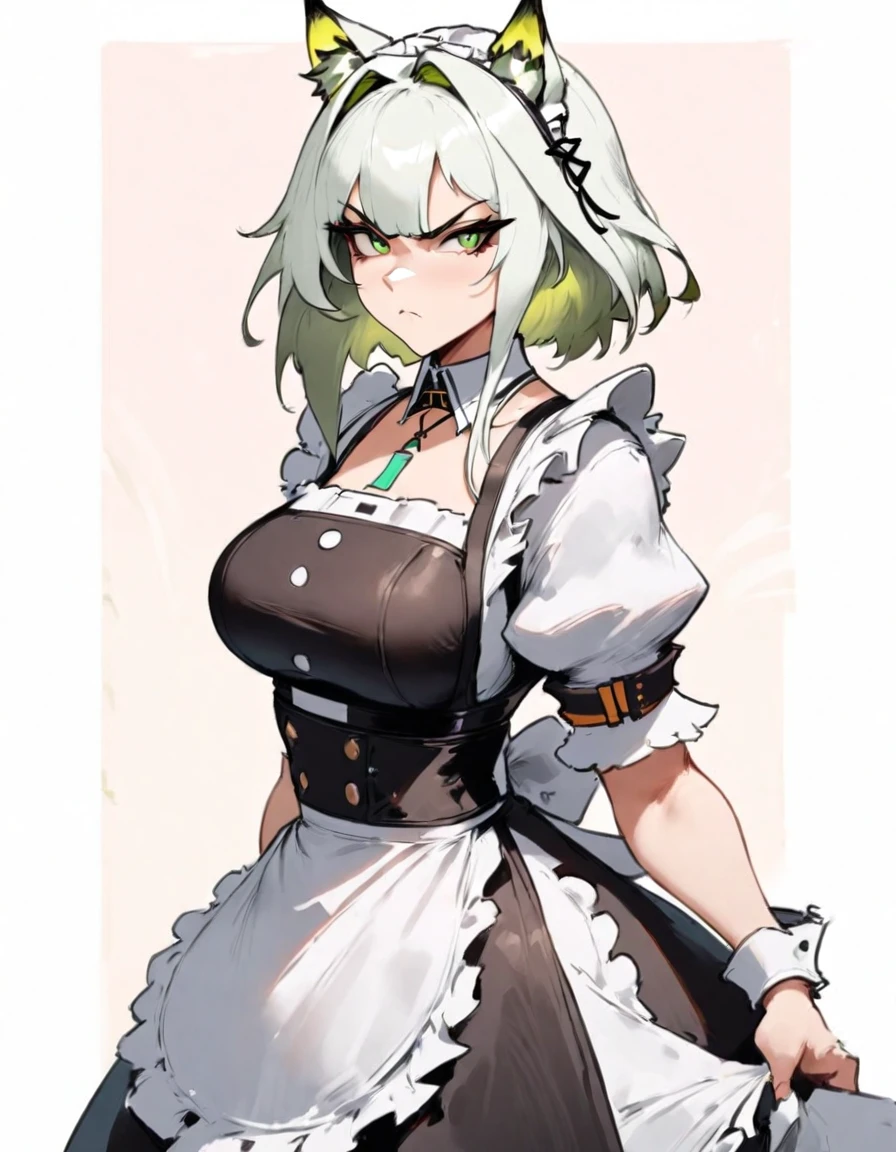 1girl, kal'tsit \(arknights\), arknights \\\\\ masterpiece, best quality, very aesthetic, absurdres, newest \\\\\\ slim body,///// ,by nyantcha,cutesexyrobutts , by khyle,,////// beautiful face, sexy, serious, angry, green eyes, animal ears, big tits,victorian maid
, solo,maid uniform, ,skirt, black and white clothes, white background