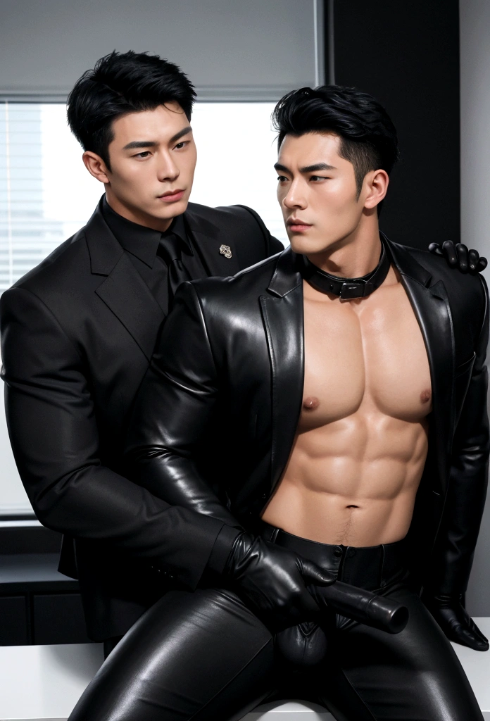 High quality two men in love 20years old,a daddy,tight black shiny suit sit down,k hd,in the office,muscle, gay ,black hair,asia face,masculine,strong man,the boss is,handsome,sex,leather gloves,lecherous dad,look straight ahead,Dad is erection