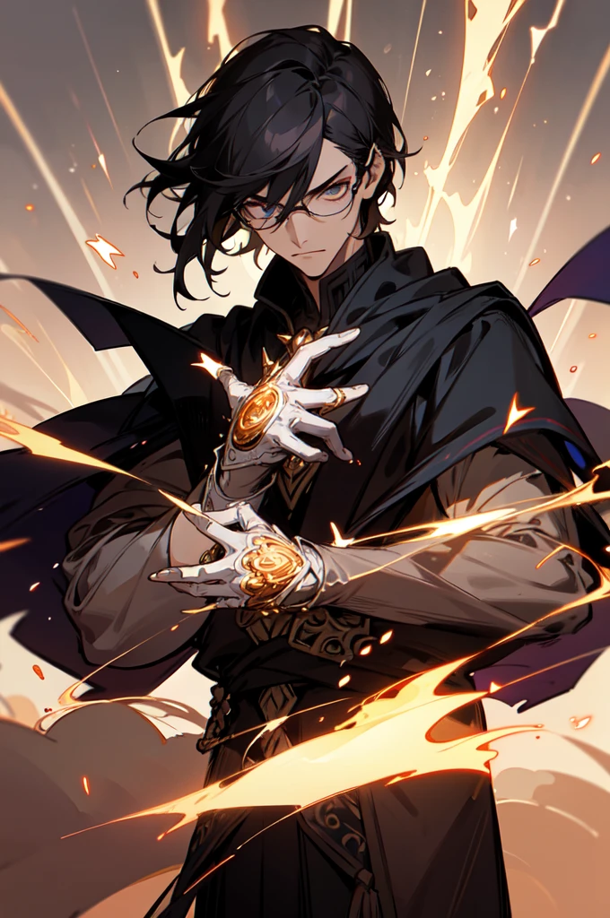 masterpiece, best quality, 1 male, young, tall muscular, handsome, finely detailed eyes, intricate details, black hair, short hair, evil face, solo, upper body, detailed dark shadow background, detailed face, good sorcerer, color magical robes, determined expression, white color scheme, dark crimson light, glowing magical runes, realistic lighting, floating particles, sparks, surrounded by gold lightning red arcane symbols, corrupted by eldritch power, bloom, glasses, gloves