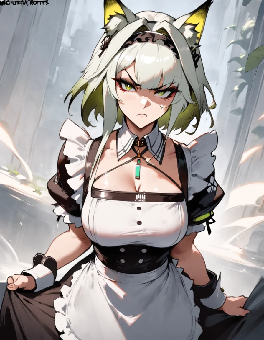1girl, kal'tsit \(arknights\), arknights \\\\\ masterpiece, best quality, very aesthetic, absurdres, newest \\\\\\ slim body,///// ,by nyantcha,cutesexyrobutts , by khyle,,////// beautiful face, sexy, serious, angry, green eyes, animal ears, big tits,victorian maid
, solo,maid uniform, ,skirt, black and white clothes, white background