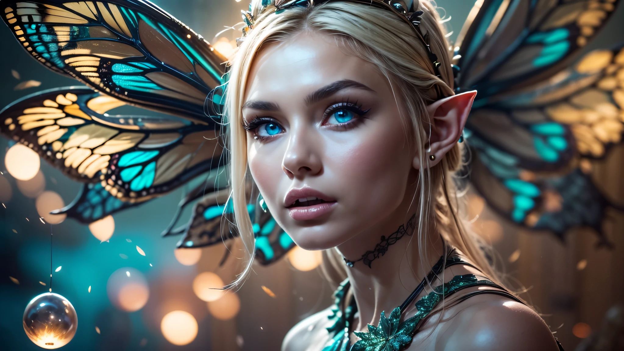 Beautiful, Amazing face and eyes, makeup, (extremely detailed beautiful face), Blonde, (sexiest look), (Beautiful breasts:1.3), (Best Quality:1.4), (Ultra-detailed), (extremely detailed CG unified 8k wallpaper), Highly detailed, RAW Photos, Professional Photography, (silk see through lace:1.3), full body, sitting, (Spread your legs), (:1.4), plein air, Illumination, (Super fancy photos:1.4), (Dazzling light), Radiant Photography, depth of fields, (Glowing blue eyes), (realistic elf ear), (castle, fantasy setting), ((orbs)), massive butterfly wings,