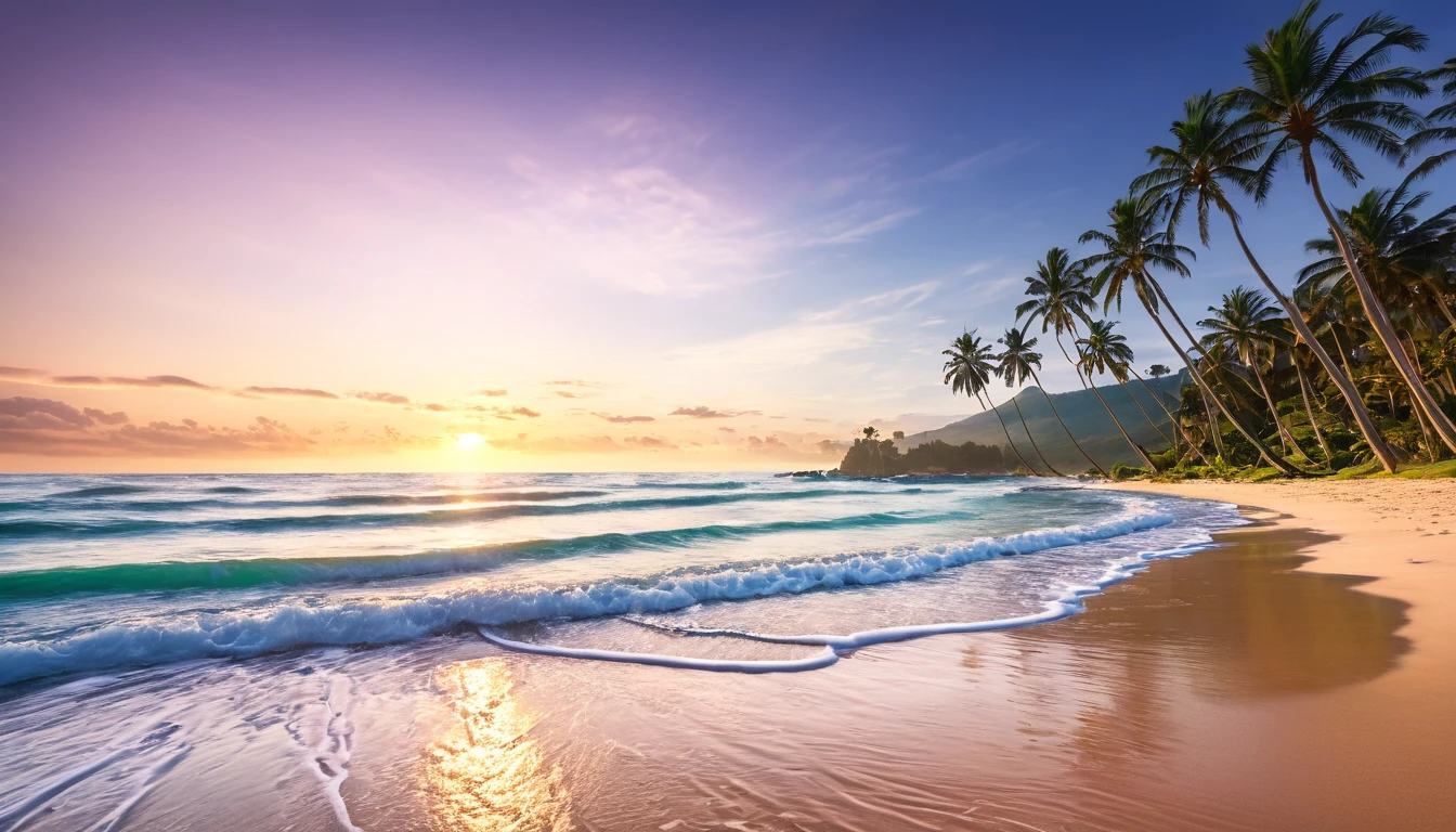 Best Quality, master piece, high resolution, Raw photo, Professional Lighting, high-level image quality, high-detail, ​masterpiece depicting stunning sunrise on tropical beach with gentle waves and palm trees along the coast。The color palette is vivid、It is necessary to convey a sense of renewal and positive energy.