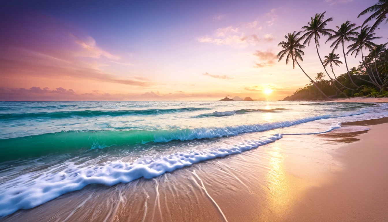 Best Quality, master piece, high resolution, Raw photo, Professional Lighting, high-level image quality, high-detail, masterpiece depicting stunning sunrise on tropical beach with gentle waves and palm trees along the coast。The color palette is vivid、It is necessary to convey a sense of renewal and positive energy.
