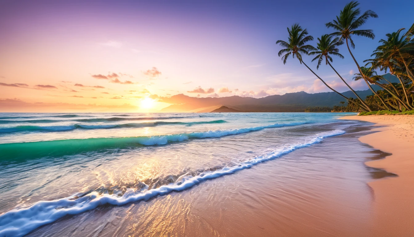 Best Quality, master piece, high resolution, Raw photo, Professional Lighting, high-level image quality, high-detail, masterpiece depicting stunning sunrise on tropical beach with gentle waves and palm trees along the coast。The color palette is vivid、It is necessary to convey a sense of renewal and positive energy.