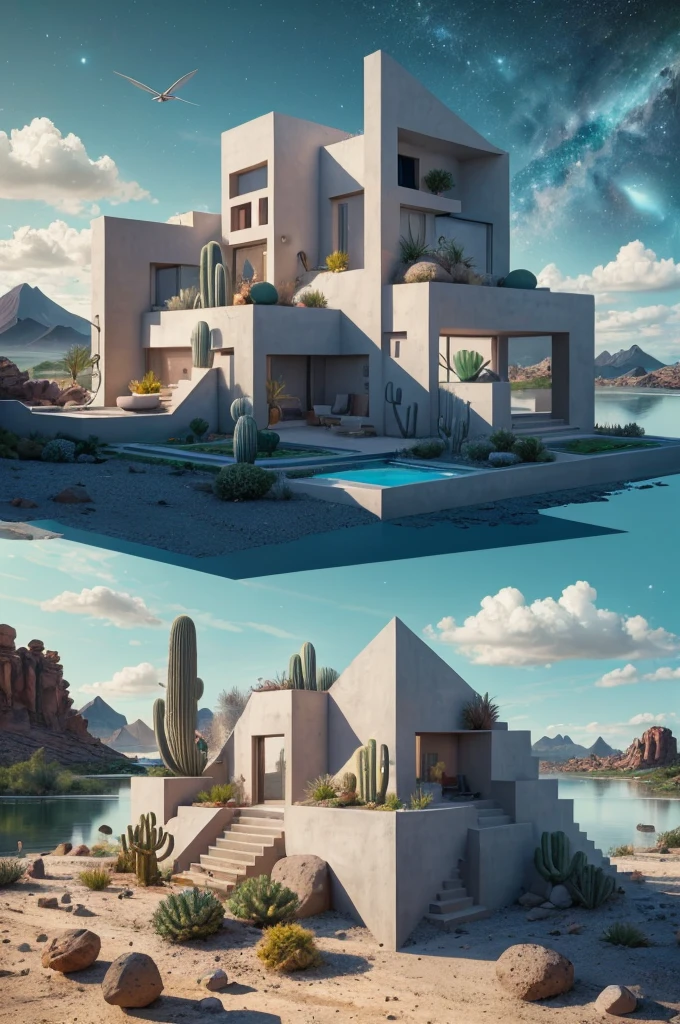 An illustration, collage style, David Hockney visual style, (((Luis Barragán's architectural style houses in middle of a lake))), big boulders, little cascade, mountains, volcanos, volcanic landscape, pool, stairs, beautiful gardens, abundant vegetation, cacti, agave, big clouds, sunset. Magazine cover, serif tipography, editorial design, masterpiece, An illustration in collage style, con rocas gigantes, Brutalist construction sections, escaleras, cactus, agave, textura de concreto, Multiple geometric shapes, hatch and cross hatching, planeta Saturno. ((masterpiece, best quality)),illustration,ultra detailed 8k. (((An illustration of a build designed by Luis Barragán))), with a desertic vegetation garden, (big rocks), ((cacti)), lake, volcano in horizon, smooth clouds, (((illustration collage format))), ((Escher's art style)), (((multiple sections))), (violet, blue, olive green, grey, black and white), hard shadows, (((geometric sculptures))), concrete sculptures, high contrast, dramatic, cinematographic, ((milky way galaxy)), intricate, intricate details, sharp focus,landscape
