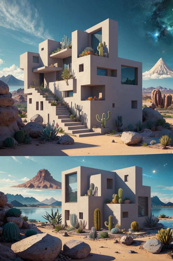 An illustration, collage style, David Hockney visual style, (((Luis Barragán's architectural style houses in middle of a lake))), big boulders, little cascade, mountains, volcanos, volcanic landscape, pool, stairs, beautiful gardens, abundant vegetation, cacti, agave, big clouds, sunset. Magazine cover, serif tipography, editorial design, masterpiece, An illustration in collage style, con rocas gigantes, Brutalist construction sections, escaleras, cactus, agave, textura de concreto, Multiple geometric shapes, hatch and cross hatching, planeta Saturno. ((masterpiece, best quality)),illustration,ultra detailed 8k. (((An illustration of a build designed by Luis Barragán))), with a desertic vegetation garden, (big rocks), ((cacti)), lake, volcano in horizon, smooth clouds, (((illustration collage format))), ((Escher's art style)), (((multiple sections))), (violet, blue, olive green, grey, black and white), hard shadows, (((geometric sculptures))), concrete sculptures, high contrast, dramatic, cinematographic, ((milky way galaxy)), intricate, intricate details, sharp focus,landscape