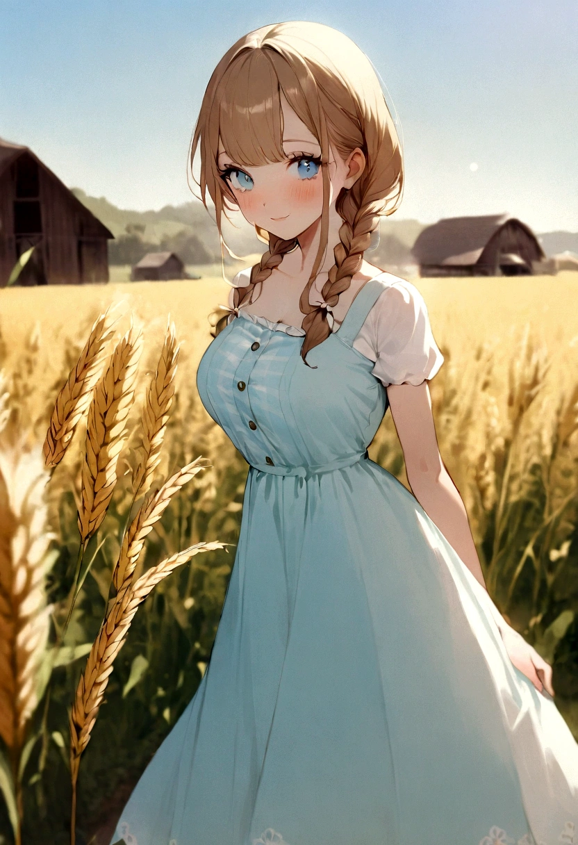1girl, 20 years old, tall and attractive, wearing a cute country dress, hair braided, standing in a rustic farm setting. She has a soft, gentle smile and expressive eyes. In the background are charming barns, golden wheat fields and clear blue skies. The composition should be bathed in warm golden hour light, with soft depth of field and soft bokeh to accentuate the idyllic tranquility. Capture images as if they were shot on vintage 35mm film for added oomph, filmg,