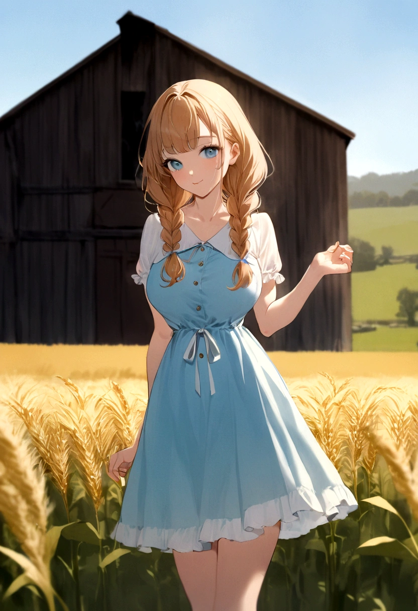 1girl, 20 years old, tall and attractive, wearing a cute country dress, hair braided, standing in a rustic farm setting. She has a soft, gentle smile and expressive eyes. In the background are charming barns, golden wheat fields and clear blue skies. The composition should be bathed in warm golden hour light, with soft depth of field and soft bokeh to accentuate the idyllic tranquility. Capture images as if they were shot on vintage 35mm film for added oomph, filmg,