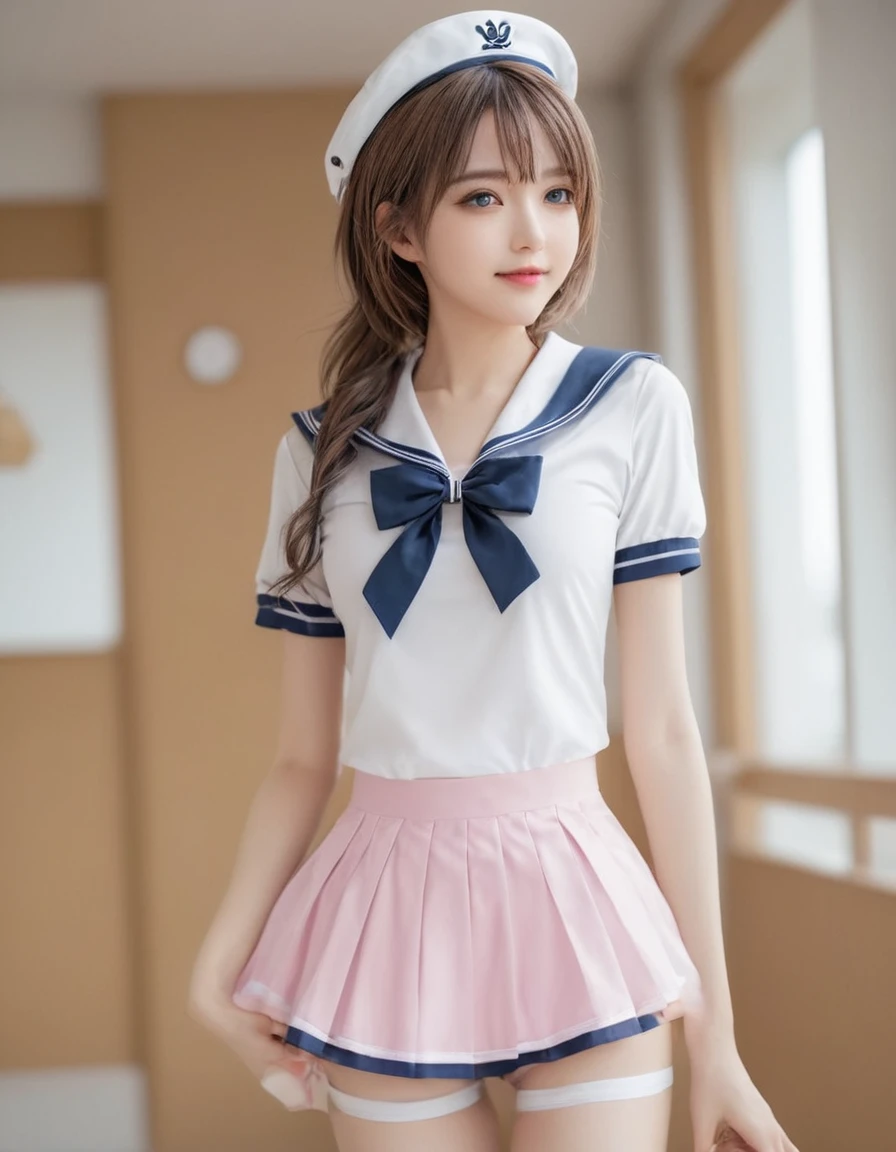 Good structure, DSLR Quality, Depth of field, looking at viewer, dynamic pose, kind smile, HDR, UHD, 8K, A real person, Highly detailed, best quality, masterpiece, 1girl, realistic, Highly detailed, EOS R8, 50mm, F1.2, 8K, RAW photo, ultra realistic 8k, best illumination, best shadow, extremely delicate and beautiful, official art, beautiful and aesthetic, Wind, flowing hair, kind smile, pose for picture, dynamic pose, looking at viewer, perfect body, Blue sky and white clouds, campus, sailor senshi uniform, pink bow, pink necktie, pink sailor collar, pink skirt, pink hair, black pantyhose, kneel