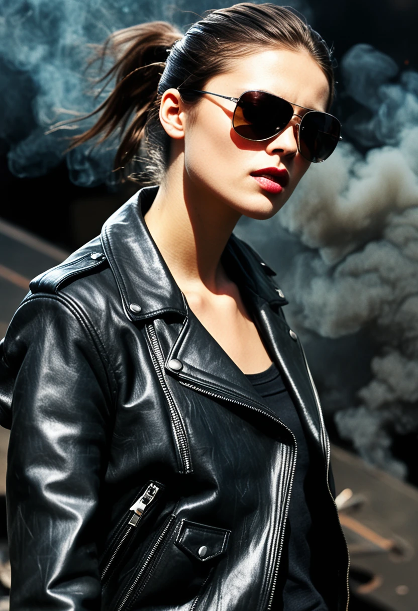 The image features a close-up profile photo from high angle above of a woman wearing sunglasses and a leather jacket. The woman is looking down at something. The sunglasses are dark and the woman's face is partially obscured by them. The background of the image is dark and smoky, which adds to the overall mood of the scene. The woman's attire, including the leather jacket, suggests that he might be in a professional or high-stakes environment. 1girl, female focus, solo, sunglasses, jacket, leather jacket