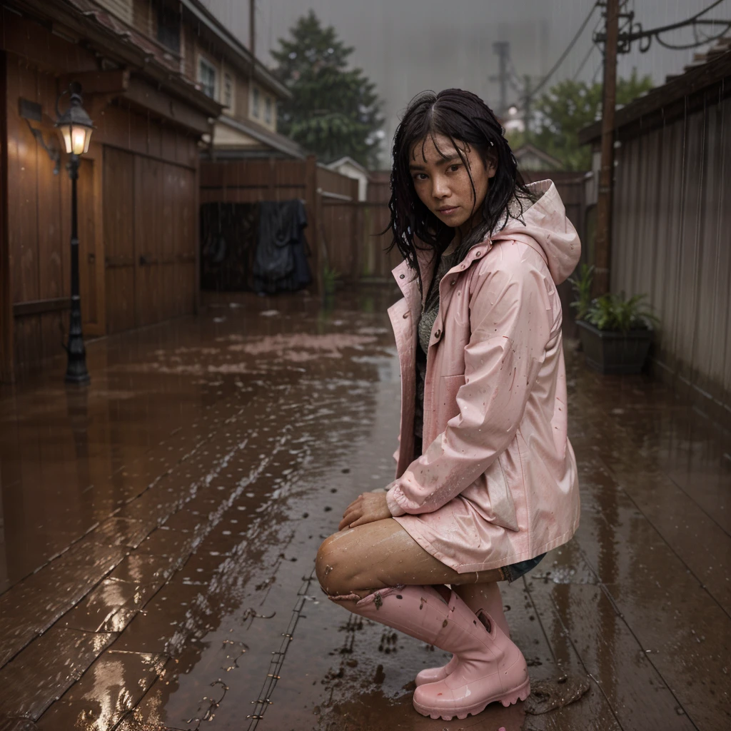 (masterpiece:1.2, best quality), (real picture, intricate details), (night, dark, downpour:1.4)
There was no one in the alley, and the surroundings were silent, only the raindrops sprinkled on the tile eaves of the low houses near and far, making a slight rustling sound. In the cold rain, (1girl, asian girl, pretty light pink buttoned raincoat, tall pink rainboots, muddy clothes, mud splatters on clothes) , close up, cowboy shot