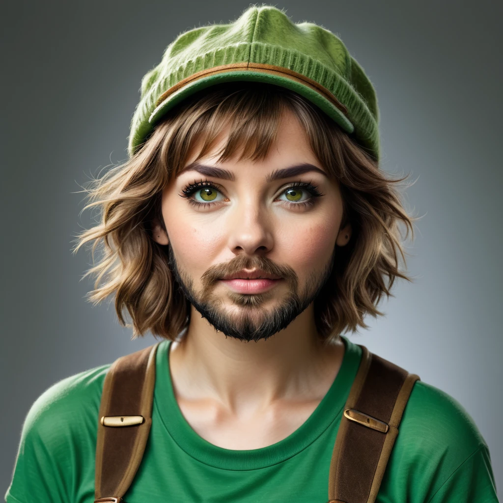 bushy shaggy bearded woman, facial hair, short light brown hair, amber eyes, green peter pan hat
