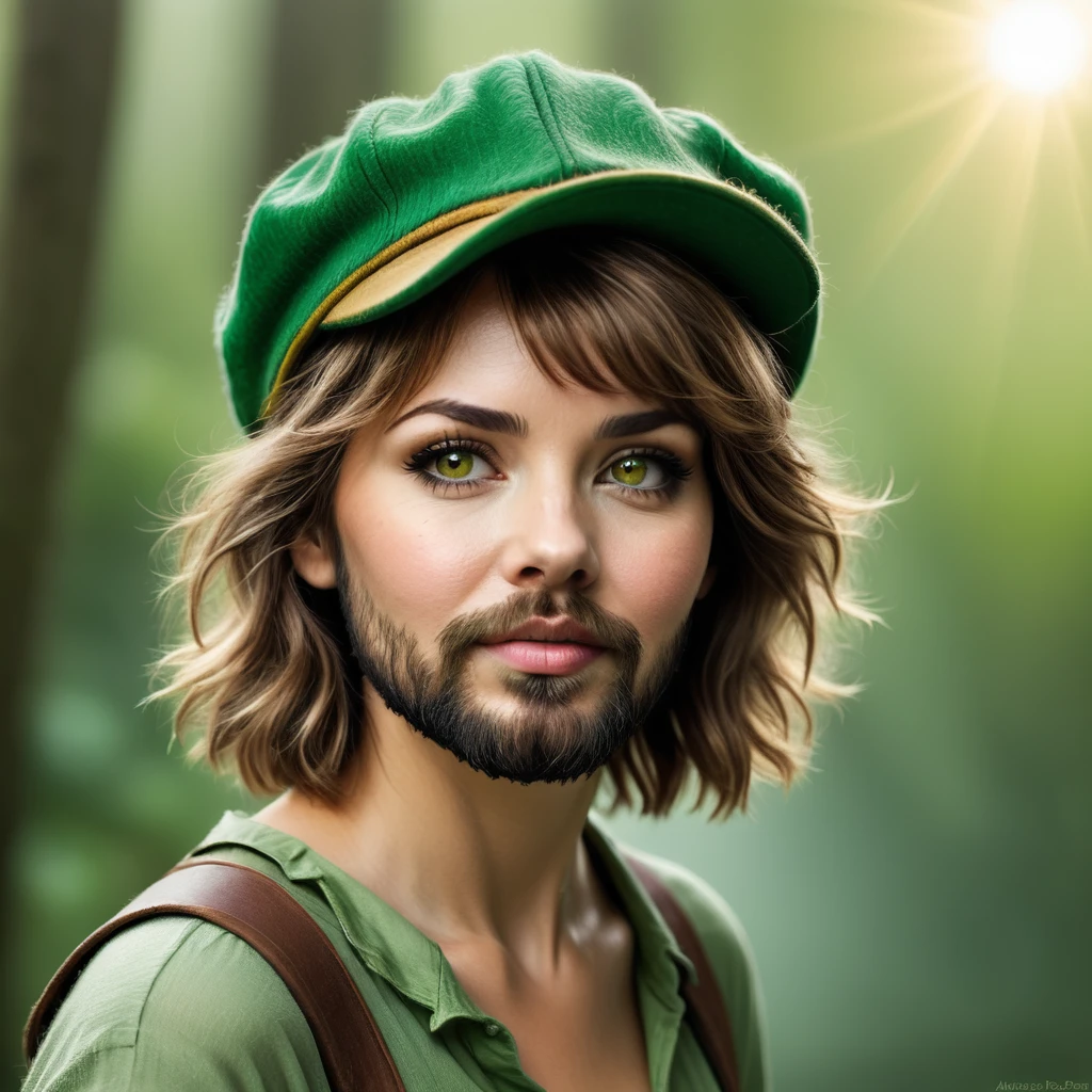 bushy shaggy bearded woman, facial hair, short light brown hair, amber eyes, green peter pan hat