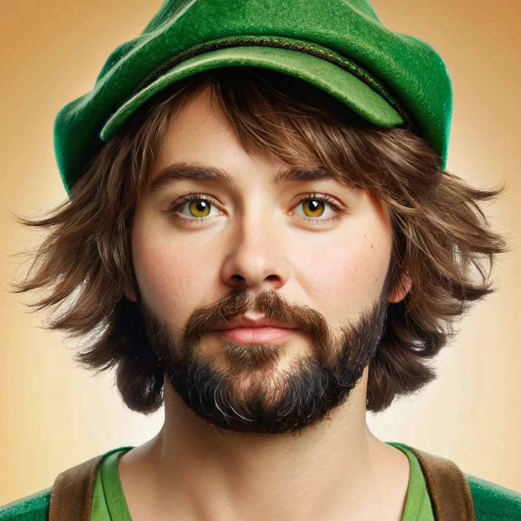 bushy shaggy bearded woman, facial hair, short light brown hair, amber eyes, green peter pan hat