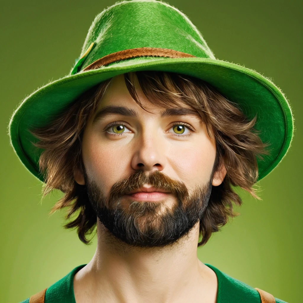 bushy shaggy bearded woman, facial hair, short light brown hair, amber eyes, green peter pan hat