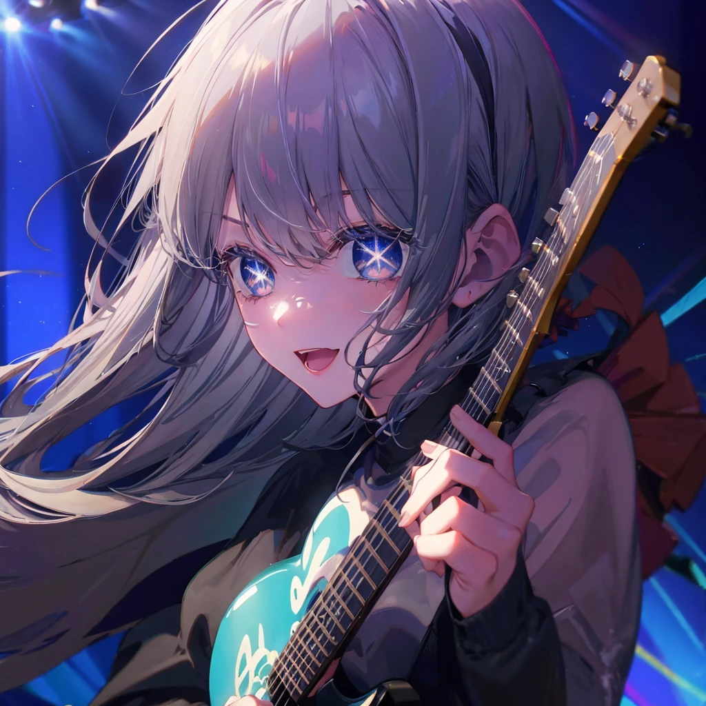 (((1 person Gray Hair dress singer blue eyes))) ((High resolution short hair 青いdress Black Skirt Rin々Funny face)) ((Close-up)) ((Open your mouth Shining Aura On stage Guitar solo)) (smile Exposure to blue light) Shining Background Shining Edge
