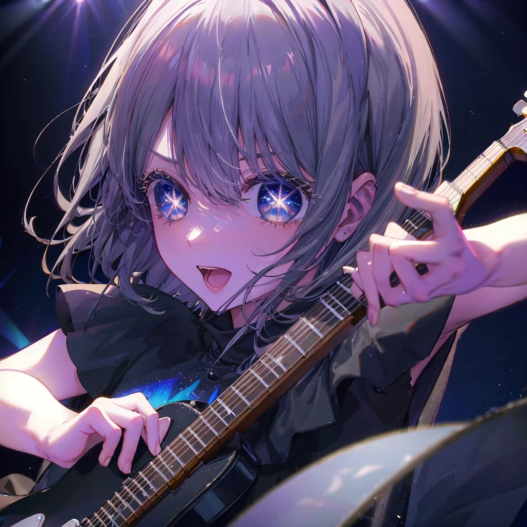(((1 person Gray Hair dress singer blue eyes))) ((High resolution short hair 青いdress Black Skirt Rin々Funny face)) ((Close-up)) ((Open your mouth Shining Aura On stage Guitar solo)) (smile Exposure to blue light) Shining Background Shining Edge