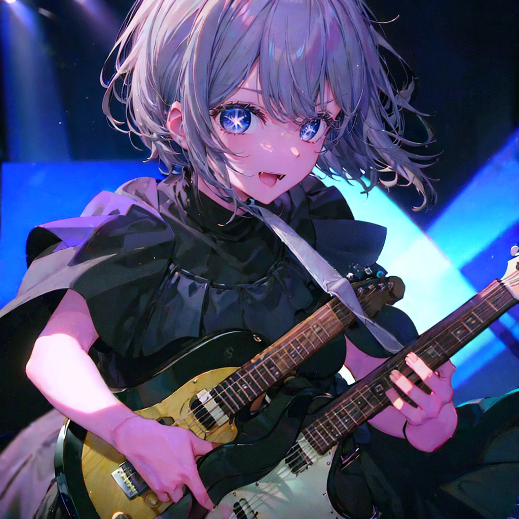 (((1 person Gray Hair dress singer blue eyes))) ((High resolution short hair 青いdress Black Skirt Rin々Funny face)) ((Close-up)) ((Open your mouth Shining Aura On stage Guitar solo)) (smile Exposure to blue light) Shining Background Shining Edge