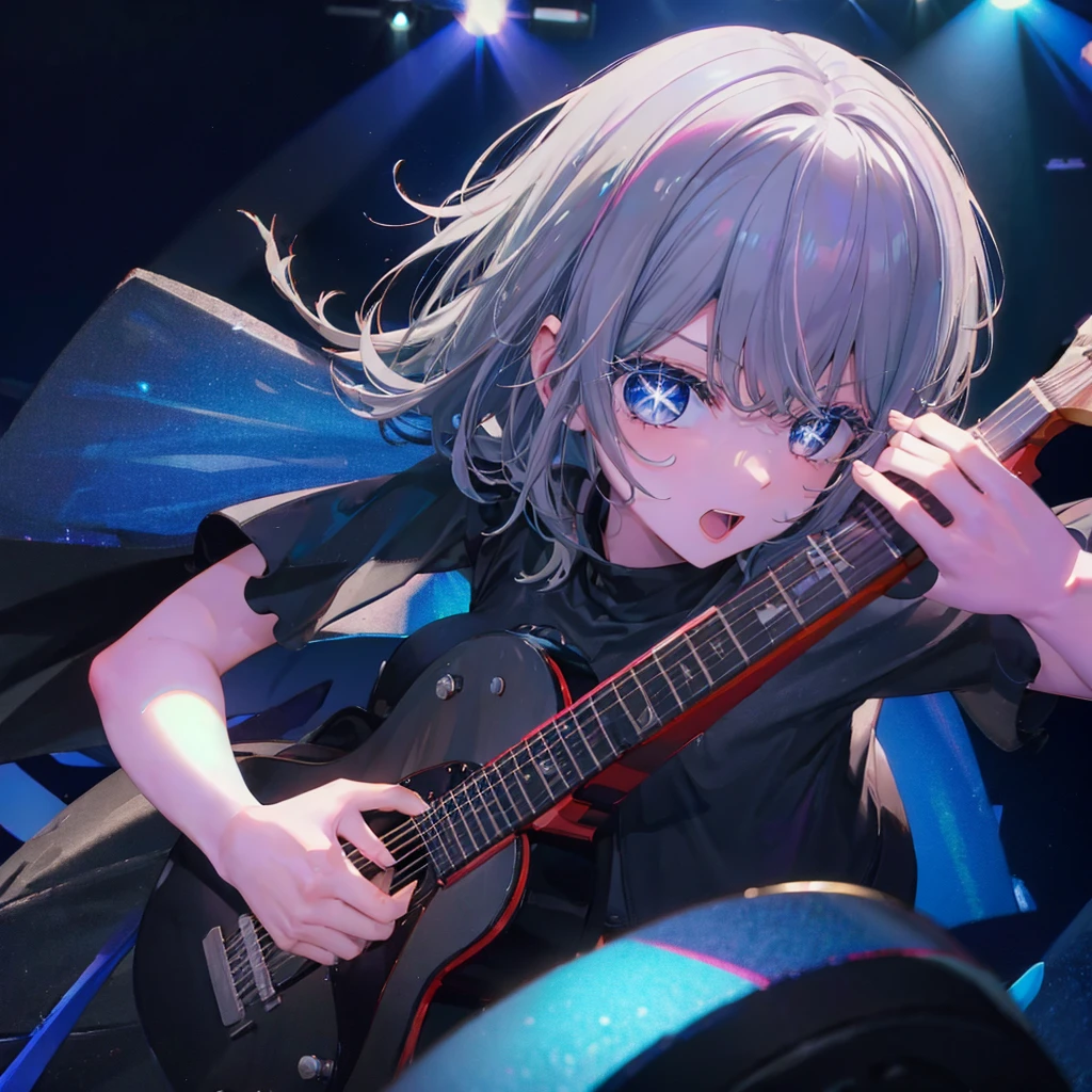 (((1 person　Gray Hair　dress　singer　blue eyes)))　((High resolution　short hair　青いdress　Black Skirt　Rin々Funny face))　((Close-up))　((Open your mouth　Shining Aura　On stage　Guitar solo))　(smile　Exposure to blue light)　Shining Background　Shining Edge