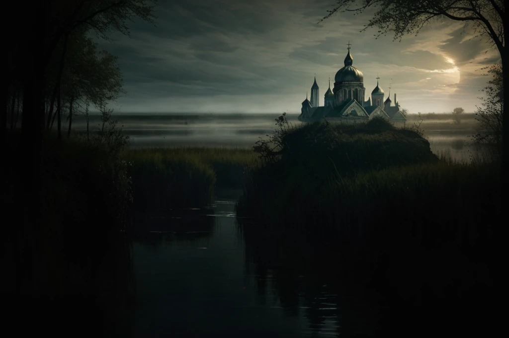 In this mystical scene a shining Orthodox church rises from the murky waters of a primordial swamp, the ornate black domes and crosses of the church are shrouded in mist, in the background a modern cityscape stretches beyond the horizon, sky and clouds, sunrise, undead, zombies burn, die in the swamp from the glow of the rays, the eerie silence of the swamp envelops the atmosphere, in the foreground grass and driftwood, (visible brushstrokes), by Svetlin Velinov, Stefan Koidl, Andrew Kuzinskiy, environmental artwork, awarded on cgsociety