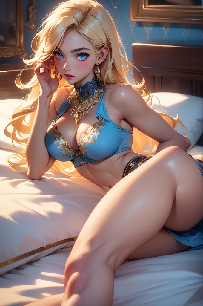(Blonde stunning hair), (blue eyes), blue necklace, Golden earrings, Fit, Gorgeous Body, gorgeous, brown eyebrows, (two moles over lip), big pupils, (23 years old), 1girl,solo, complex skin, warm light, (large breasts), wide thighs, round butt, 5 fingers, ((blushing)), ((detailed face, best quality)), (masterpiece)), ((ultra-detailed)), (beautiful detailed eyes), red lip, eyeshadow, perfectly drawn body, beautiful face, long hair, very detailed eyes, intricate details in eyes, perfect lips, laying on bed, good lighting, in white crop-top and short black shorts, feet, soles, five toes