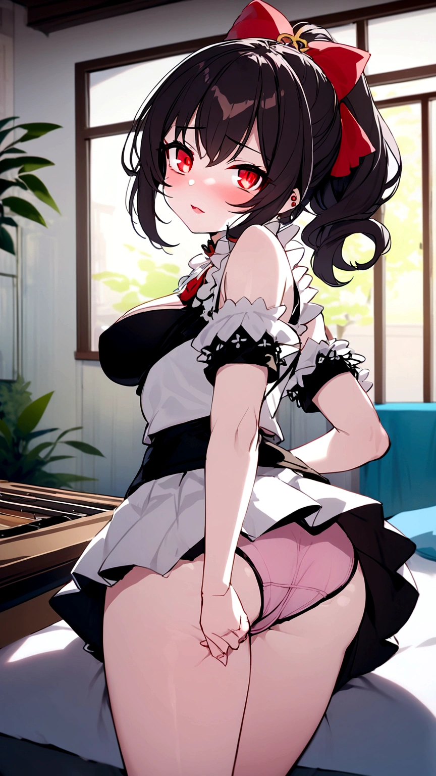 wavy black hair, piercing look with deep red eyes, average stature, Silky hair with a ponytail hairstyle collected with a red bow with two white lines., lying in her bed ,unclothed , has a vagina, has breasts,NSFW, poses perverteds, lustful look, perverted, wearing a top, wearing a mini skirt, you can see her underwear under her skirt, showing my ass to the camera, pink lingerie panties