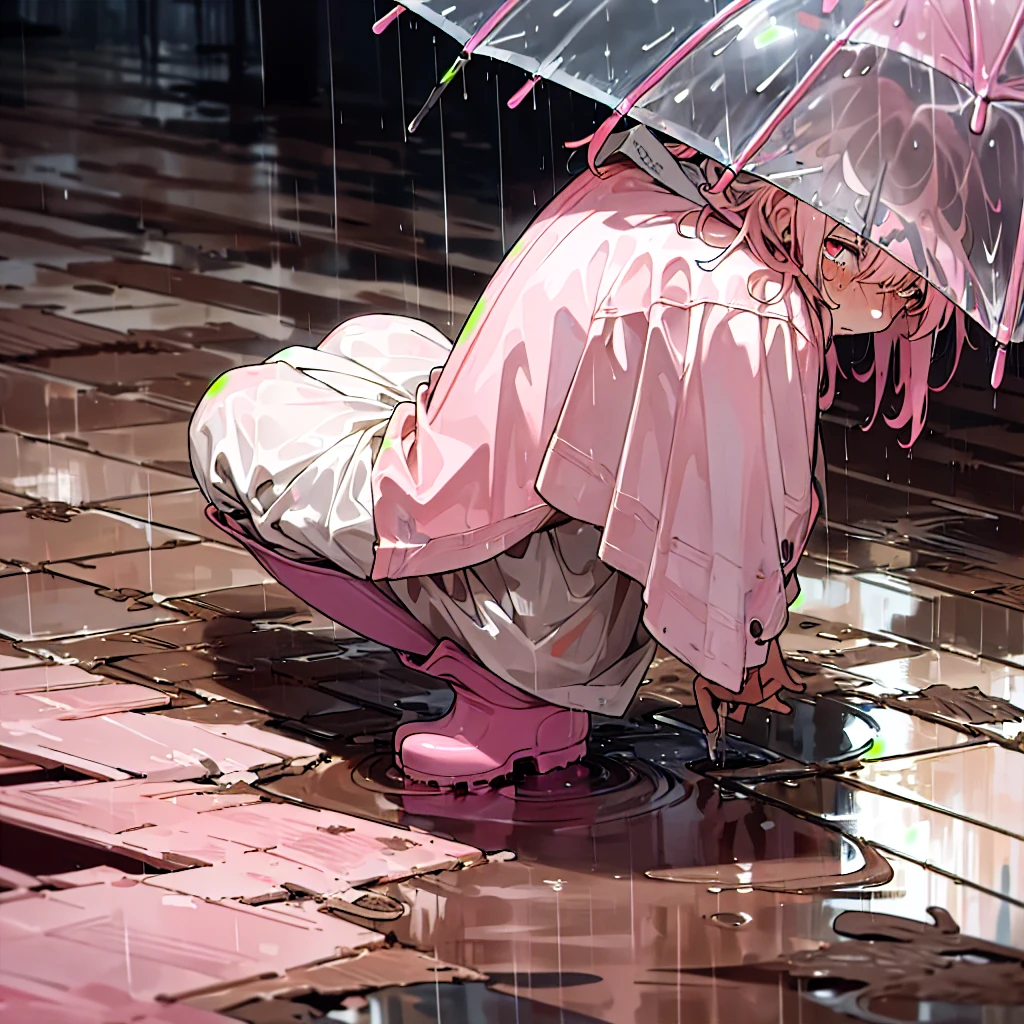 (masterpiece:1.2, best quality), (real picture, intricate details), (night, dark, downpour:1.4)
There was no one in the alley, and the surroundings were silent, only the raindrops sprinkled on the tile eaves of the low houses near and far, making a slight rustling sound. In the cold rain, (1girl, light pink buttoned raincoat, tall pink rainboots, muddy clothes, mud splatters on clothes , sad, tears in eyes, shivering:1.quatting on the ground,
