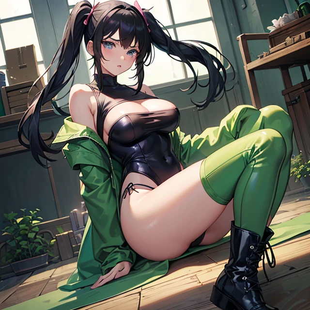 (masterpiece art, high best quality image, very detailed features) female wrestling, solo character
1Beautiful 23 years old girl, beautiful stoic face, light blue eyes, black hair tied in two in short pig-tails with two pink ribbons tidying the pig-tails, big breasts, beautiful figure, big glutes, (green one-piece leotard with purple , long green leather boots), calm serious demeanor
Dirty gym
