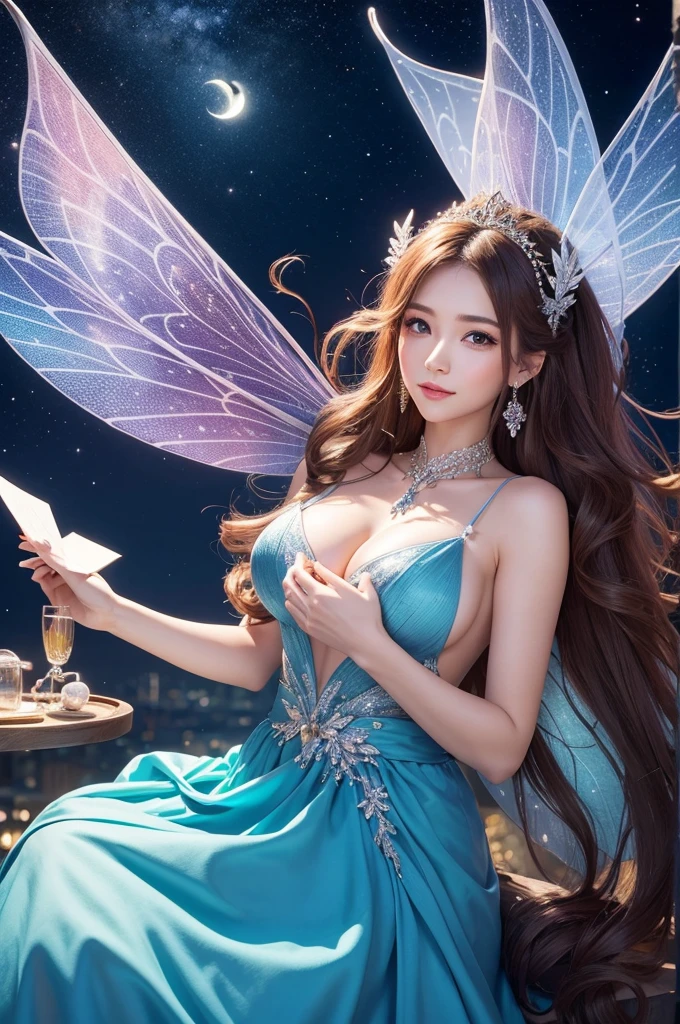 A very beautiful fairy, holding a big envelope, on a beautiful night