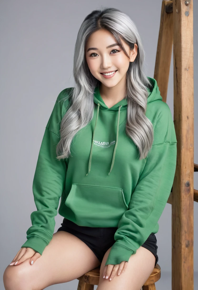 Pretty asian woman, bright silver hair, long hair, green eyes, busty, black shorts and a green hoodie, cute, sitting on a wooden barstool ,empty background, pretty smile