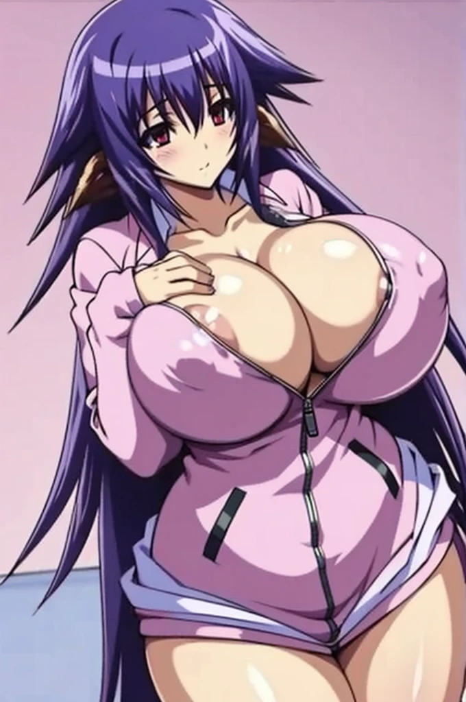 Pink jersey　bottomless purple hair　Huge breasts　((show off breast)) ((open zipper)) ((hiper breast))  Red eyes　