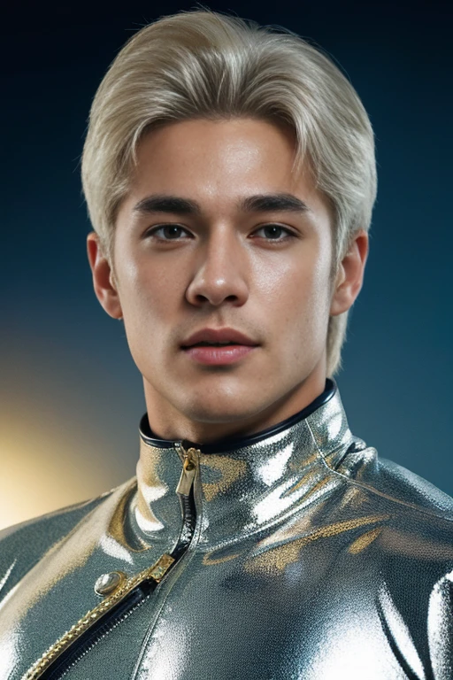 quarter body shots,( Handsome hunky blonde haired Solarboy wearing a white spandex with gold trimmings)and gloves and ( handsome hunky white haired Lunarboy wearing black latex spandex with silver trimmings), they were both menstanding firmly face frontal camera focus asymmetrical face details,charachter, beautiful, devian art, trending artstation, digital art, detailed, realistic, humanoide, character,cinematic sho ,cinematic lights, high textures, high resolution, dreamlikeart, 8k, highly detailed, stabilized diffusion. Detailed face and fingers.