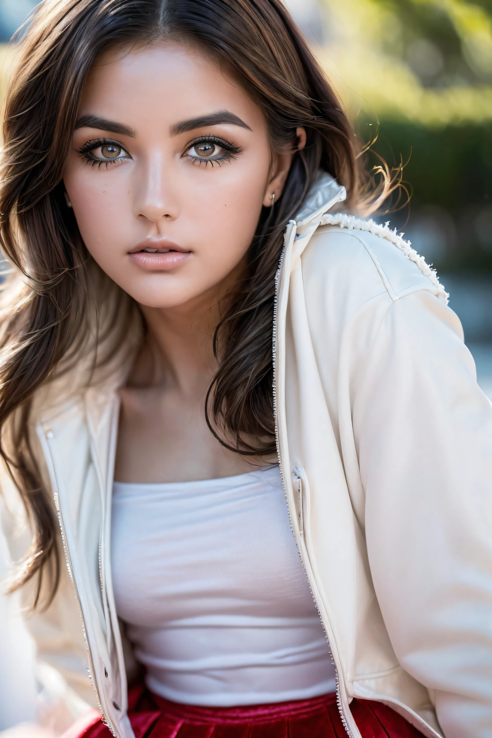 photorealistic Realism 8K, 16K Quality, (hyper absurd quality, extremely detailed detail, hyper resolution, clear sharp focus, not blurry, (perfect round Realistic brown_eyes:1.25)), ((perfect dark_eyeshadows:1.25)), (hyperr Detailed, beautiful little nose:1.2), (perfect composition), Depth of field, cinematic light, Lens flare, (hyper beautiful face, beautiful lips , Beautiful eyes), hyper detail face, ((Ultra detailed skin)), best high quality real texture skin, (A woman with velvety skin:1.3), ((best high quality real texture hair)), (short blonde hair, (wavy, combed up, behind the ear), hyper detailed)), photo of the most beautiful artwork in the world, professional majestic (photography by Steve McCurry), 8k uhd, dslr, soft lighting, high quality, Fujifilm XT3 sharp focus, f 5.6, dramatic, (Anatomically correct), (perfect proportions), ((perfect hands:1.2)), ((perfect female body:1.4)), cute girl, ((firm and full breasts)), ((hyper beautiful cute sharp-face)), (light pale complexion), ((hyper extravagant white Jacket wear:1.42)hyper detailed:1.25),(small head: 1.3), ((Beautiful girl with long legs and good style:1.2)),(dynamic pose:1.2),((Lively,Active,vivaciousness)),((no_Pantise)), ((silk pleated red skirt (tiny skirt:1.25), no_panties ,curvy)), (((close to her face:1.33)))