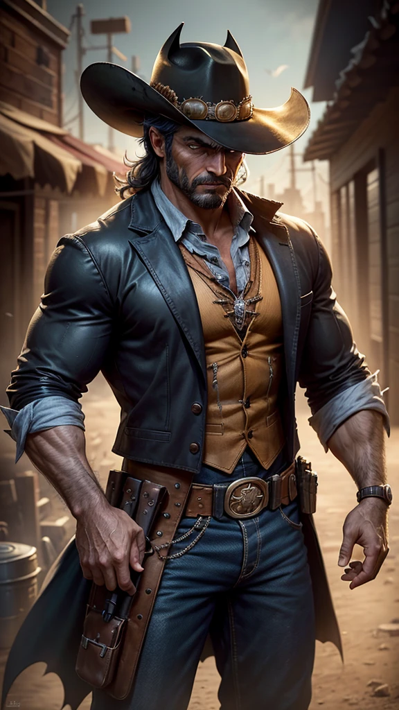 Batman in Wild West style, wearing Cowboys lather clothes, Cowboys hat and bring a pistol, in cowboy city, cinematic, extreem realistic, extreem detailed, extreem Sharp, super high resolution image, best quality photo,