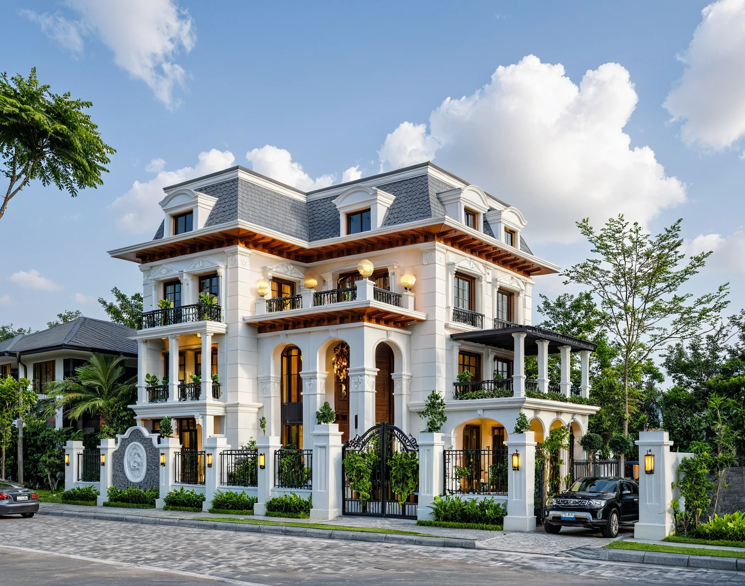 Masterpiece, high quality, best quality, authentic, super detail, outdoors, threestoreyvillaXL, aiaigroup, house style modern on the street, white wall, road, pavement, grass, trees, sky, cloud, (daylight:1.1), mái ngói maug ghi xám, tân cổ điển, phào chỉ, white car,