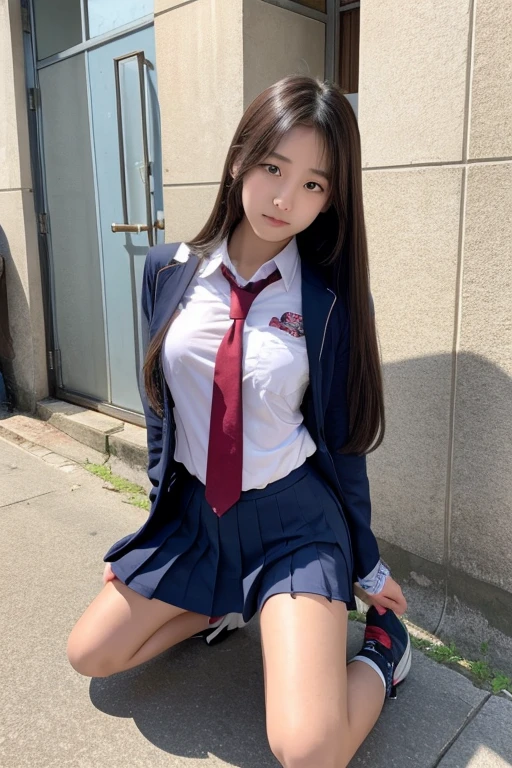 Korean high school girl kneeling、slave、defeat、long hair