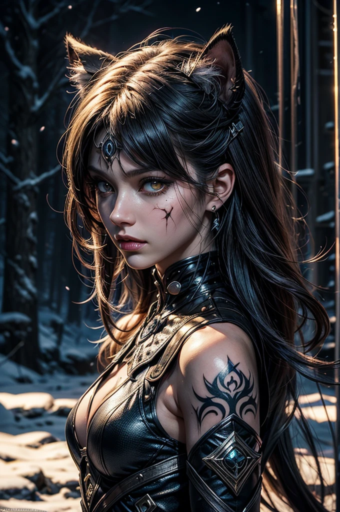 Ice wind dale covered with snow there stand female snow jaguar with cat ears that have lot of piercing, she have beatiful face yellow ember eyes, seductive face expression, she dressed in white with black spots furr clothing armor with mettalic claws covered with blood on her hands, her body cover with scars and tattoo, (ultra high quality fantasy art, dark fantasy style, masterpiece, ultra high quality character design, 8k quality anime art, realistic anime art, top quality wallpaper illustration, detailed ultra high quality accurate face, high quality design and accurate physic)
