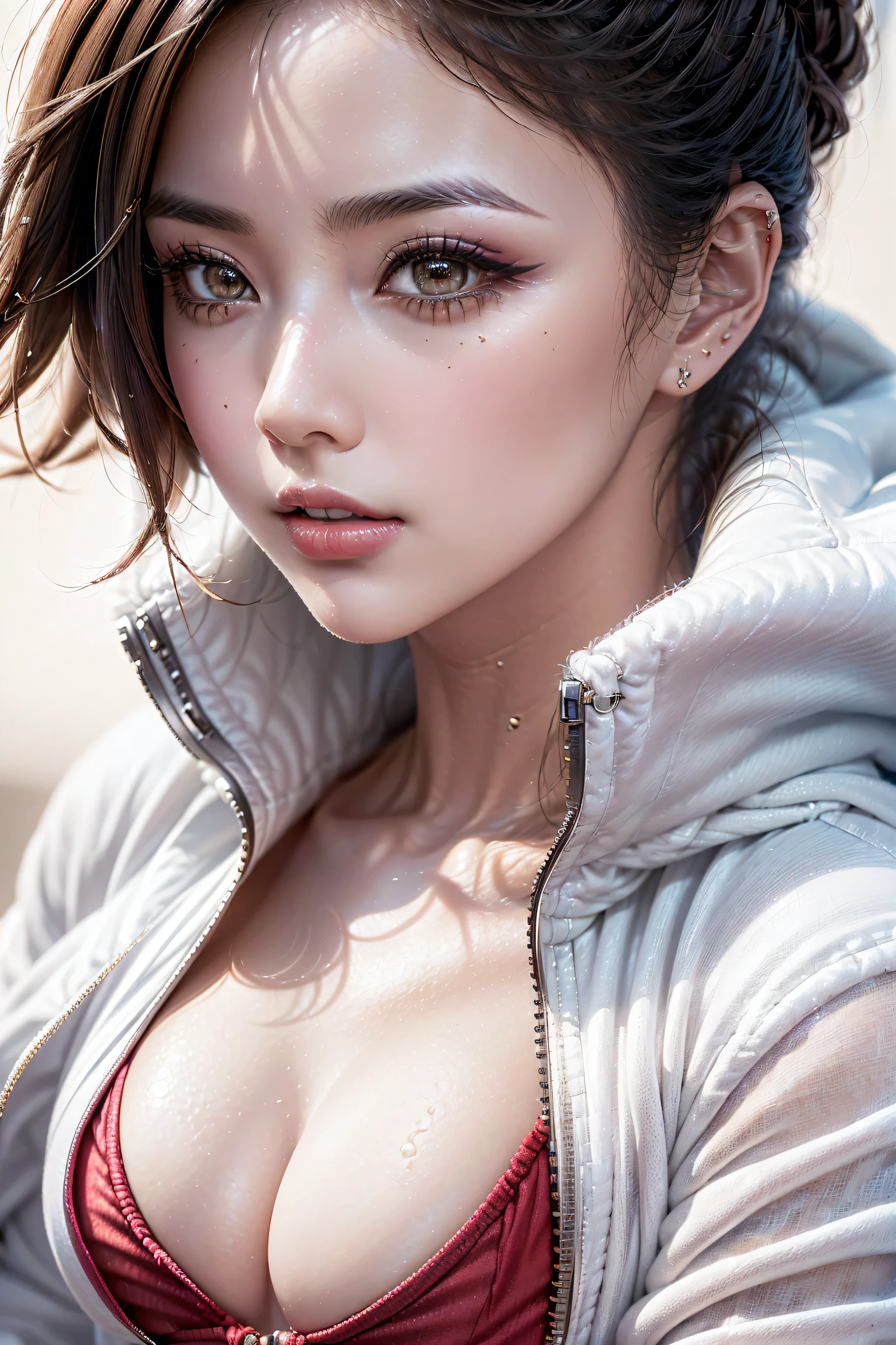photorealistic Realism 8K, 16K Quality, (hyper absurd quality, extremely detailed detail, hyper resolution, clear sharp focus, not blurry, (perfect round Realistic brown_eyes:1.25)), ((perfect dark_eyeshadows:1.25)), (hyperr Detailed, beautiful little nose:1.2), (perfect composition), Depth of field, cinematic light, Lens flare, (hyper beautiful face, beautiful lips , Beautiful eyes), hyper detail face, ((Ultra detailed skin)), best high quality real texture skin, (A woman with velvety skin:1.3), ((best high quality real texture hair)), (short blonde hair, (wavy, combed up, behind the ear), hyper detailed)), photo of the most beautiful artwork in the world, professional majestic (photography by Steve McCurry), 8k uhd, dslr, soft lighting, high quality, Fujifilm XT3 sharp focus, f 5.6, dramatic, (Anatomically correct), (perfect proportions), ((perfect hands:1.2)), ((perfect female body:1.4)), cute girl, ((firm and full breasts)), ((hyper beautiful cute sharp-face)), (light pale complexion), ((hyper extravagant white Jacket wear:1.42)hyper detailed:1.25),(small head: 1.3), ((Beautiful girl with long legs and good style:1.2)),(dynamic pose:1.2),((Lively,Active,vivaciousness)),((no_Pantise)), ((silk pleated red skirt (tiny skirt:1.25), no_panties ,curvy)), (((close to her face:1.33)))
