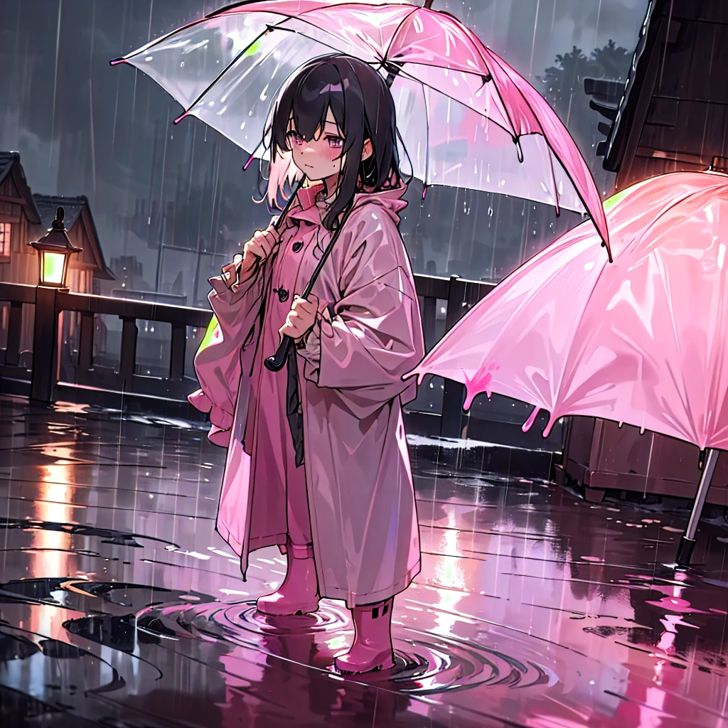(masterpiece:1.2, best quality), (real picture, intricate details), (night, dark, downpour:1.4)
There was no one in the alley, and the surroundings were silent, only the raindrops sprinkled on the tile eaves of the low houses near and far, making a slight rustling sound. In the cold rain, (1girl, asian girl, pretty light pink buttoned raincoat, tall pink rainboots, muddy clothes, mud splatters on clothes) , close up, cowboy shot