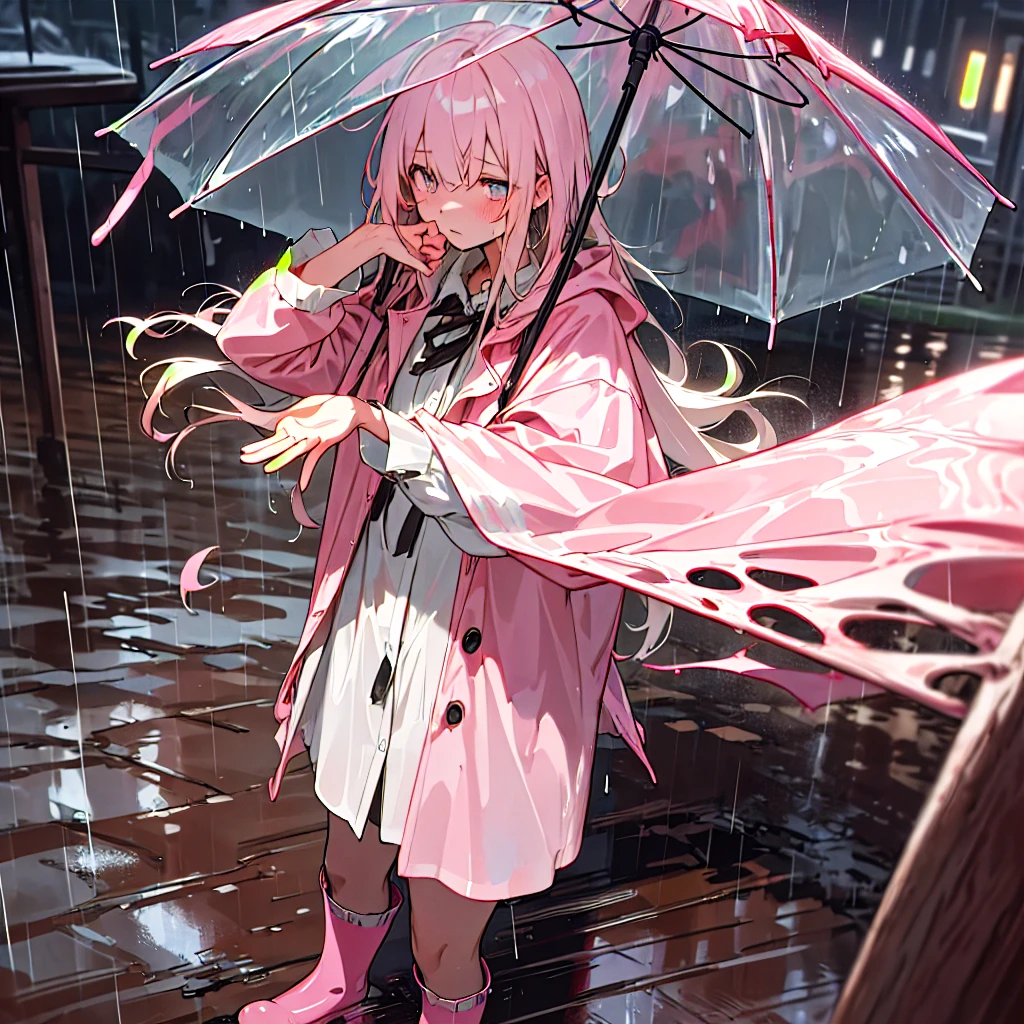 (masterpiece:1.2, best quality), (real picture, intricate details), (night, dark, downpour:1.4)
There was no one in the alley, and the surroundings were silent, only the raindrops sprinkled on the tile eaves of the low houses near and far, making a slight rustling sound. In the cold rain, (1girl, asian girl, pretty light pink buttoned raincoat, tall pink rainboots, muddy clothes, mud splatters on clothes) , close up, cowboy shot