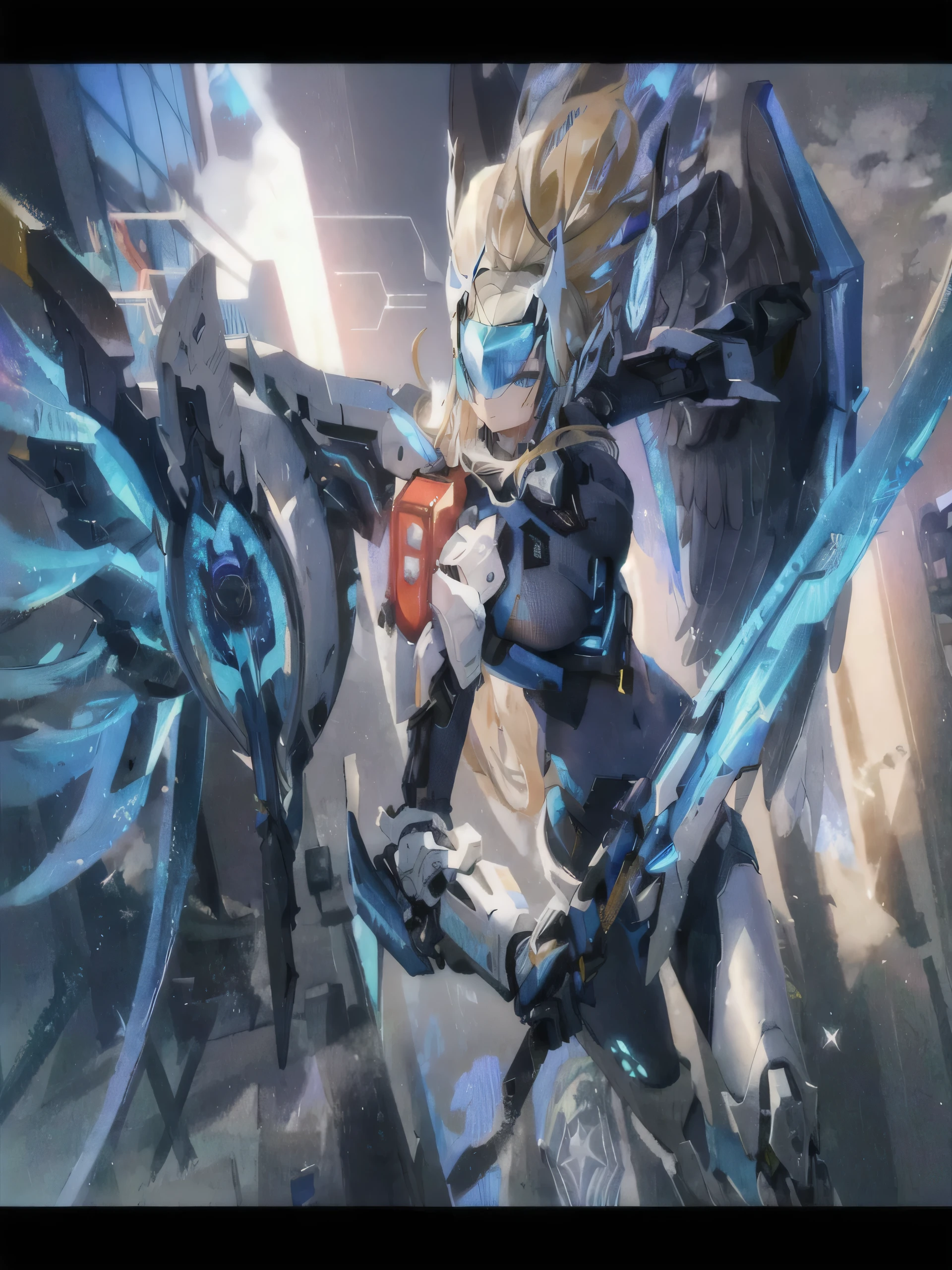 A beautiful detailed angel girl with long flowing blue hair and large blue eyes, sexy, seductive, wearing futuristic crop top body armor, mechanical wings, a black trimmed exoskeleton, flying in a futuristic white city with a clear blue visor covering the eyes, intricate details, perfect anatomy, shadows, depth of field, volumetric light, luminescent mechanical halo, embossing decoration, beautiful night sky, body facing viewer, spreading position,(best quality),(masterpiece:1.2)