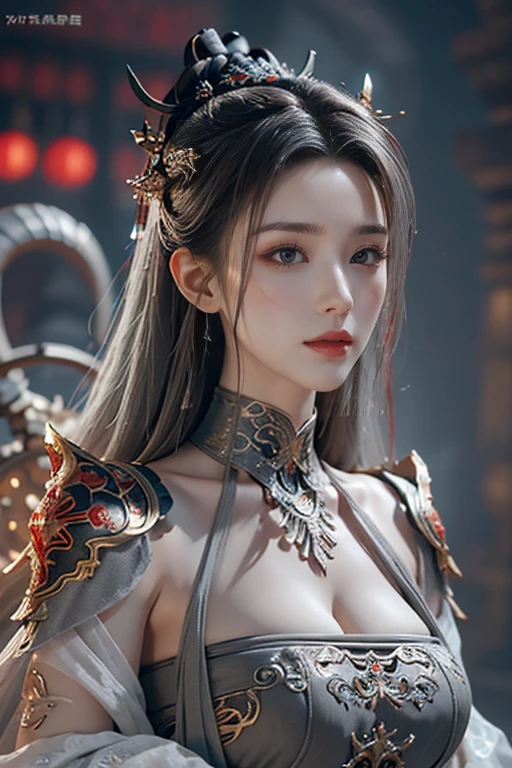 Masterpiece,Game art,The best picture quality,Highest resolution,8K,(Portrait),Unreal Engine 5 rendering works,(Digital Photography),((Portrait Feature:1.5)),
20 year old girl,Short hair details,With long bangs,(The red eye makeup is very meticulous),(With long gray hair:1.4),(Large, full breasts),Elegant and noble,Brave and charming,
(Future armor combined with the characteristics of ancient Chinese armor,Hollow design,Power Armor,The mysterious Eastern runes,A delicate dress pattern,A flash of magic),Warrior of the future,Cyberpunk figures,Background of war,
Movie lights,Ray tracing,Game CG,((3D Unreal Engine)),OC rendering reflection pattern