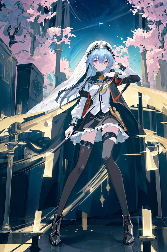 [(cathedral background:1.4)::5],Original,(Illustration:1.1),(Best Quality),(masutepiece:1.1),(the Extremely Detailed CG Unity 8K Wallpapers:1.1), (Colorful:0.9),(mid-shot:0.95),(Full body:1.5),Dynamic Angle,(Solo:1.2), (girl),(((Adult))), (Detailed beautiful eyes:1.15), (Beautiful face:1.15), (Glowing black eyes:1.25////),(Blue Long Hair),(nun headdress),(+perfect hand+:1.21),(Draw an illustration of a Holy Knight Wizard),(Religious),(slender),(she has boots on her feet),((I'm wearing black knee-high socks)),Smile,(Ruffled  with metal embellishments),beautiful slender adult,((theater background)),