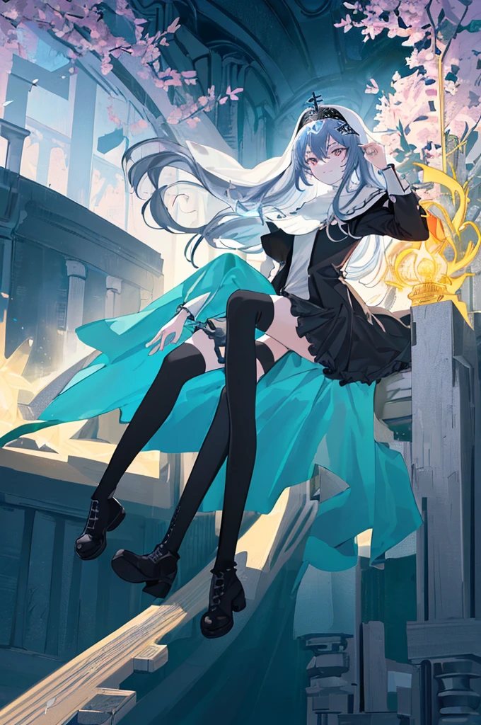 [(cathedral background:1.4)::5],Original,(Illustration:1.1),(Best Quality),(masutepiece:1.1),(the Extremely Detailed CG Unity 8K Wallpapers:1.1), (Colorful:0.9),(mid-shot:0.95),(Full body:1.5),Dynamic Angle,(Solo:1.2), (girl),(((Adult))), (Detailed beautiful eyes:1.15), (Beautiful face:1.15), (Glowing black eyes:1.25////),(Blue Long Hair),(nun headdress),(+perfect hand+:1.21),(Draw an illustration of a Holy Knight Wizard),(Religious),(slender),(she has boots on her feet),((I'm wearing black knee-high socks)),Smile,(Ruffled miniskirt with metal embellishments),beautiful slender adult,((theater background)),
