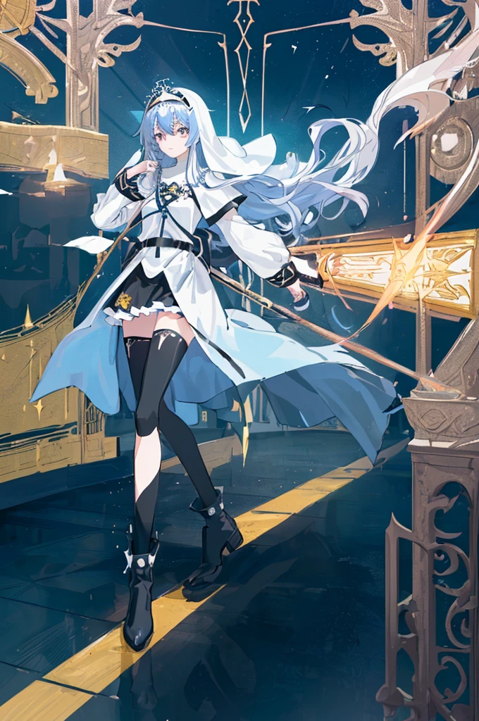 [(cathedral background:1.4)::5],Original,(Illustration:1.1),(Best Quality),(masutepiece:1.1),(the Extremely Detailed CG Unity 8K Wallpapers:1.1), (Colorful:0.9),(mid-shot:0.95),(Full body:1.5),Dynamic Angle,(Solo:1.2), (girl),(((Adult))), (Detailed beautiful eyes:1.15), (Beautiful face:1.15), (Glowing black eyes:1.25////),(Blue Long Hair),(nun headdress),(+perfect hand+:1.21),(Draw an illustration of a Holy Knight Wizard),(Religious),(slender),(she has boots on her feet),((I'm wearing black knee-high socks)),Smile,(Ruffled miniskirt with metal embellishments),beautiful slender adult,((theater background)),