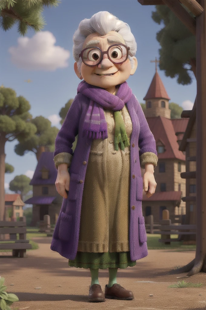masterpiece, best quality, an old woman with glasses and a scarf on, wearing a purple coat and green scarf, standing at the park