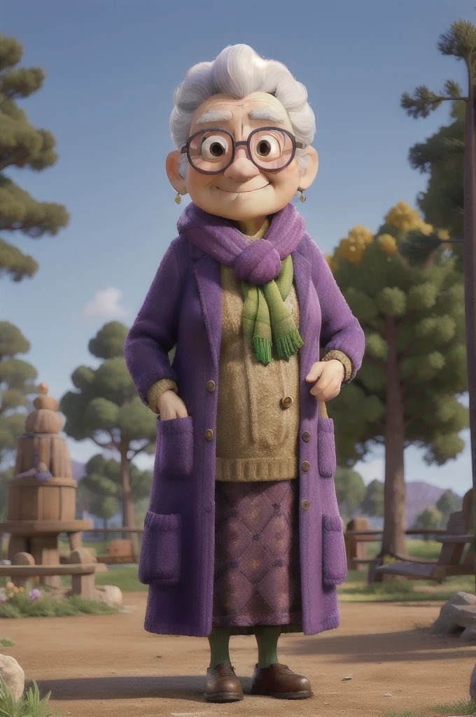 masterpiece, best quality, an old woman with glasses and a scarf on, wearing a purple coat and green scarf, standing at the park