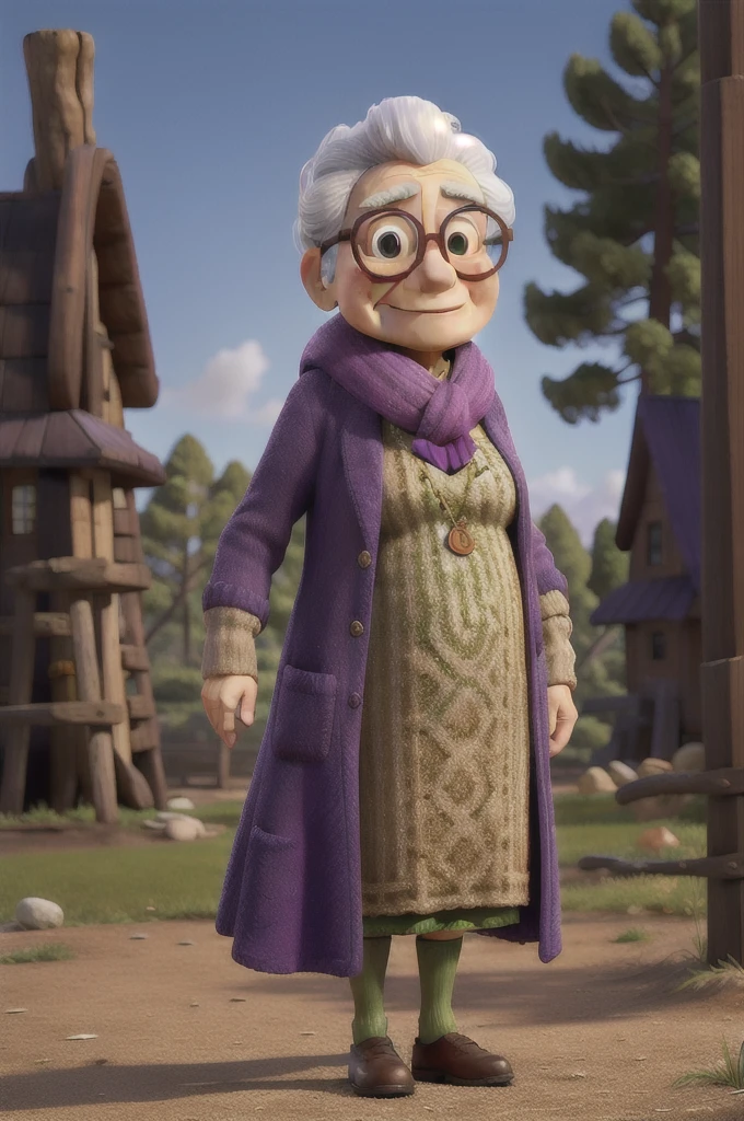 masterpiece, best quality, an old woman with glasses and a scarf on, wearing a purple coat and green scarf, standing at the park
